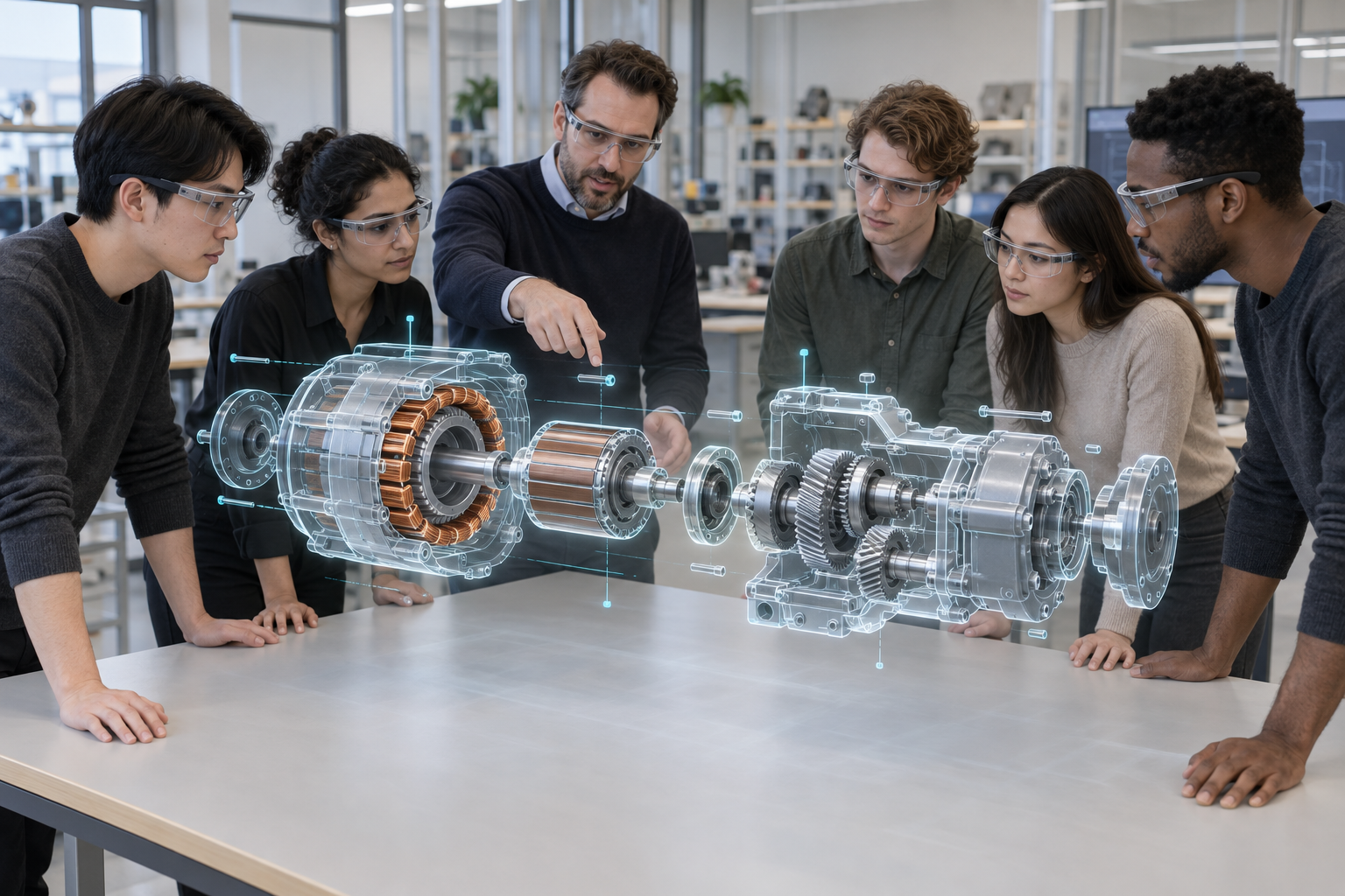 Engineering students using augmented reality glasses to study an exploded electric motor