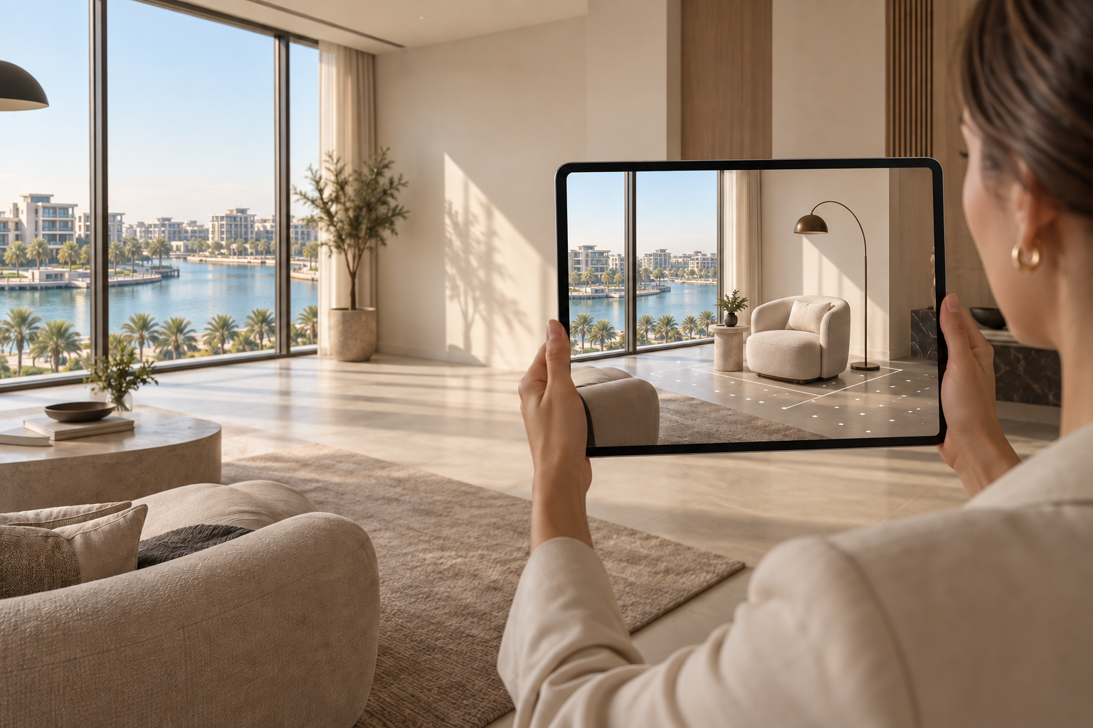 A premium lounge chair placed in a Dubai interior with augmented reality